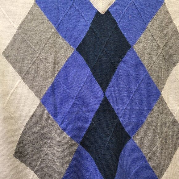Men Argyle V-Neck Sweater Vest Winter Sleeveless Wool Knitted Gray & Blue Large - Picture 5 of 8